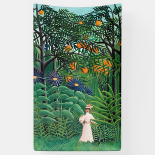 Henri Rousseau - Vrouw wandelt in een exotisch bos Spandoek