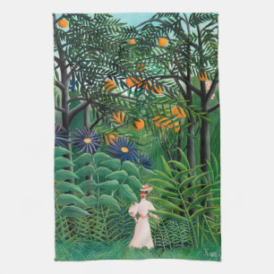 Henri Rousseau - Vrouw wandelt in een exotisch bos Theedoek