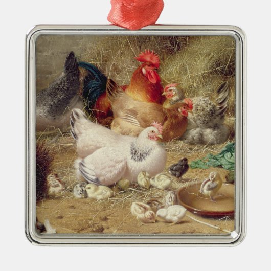 Hens die met hun kippen worstelen metalen ornament (Voorkant)
