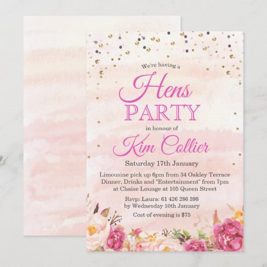 Hens Feest Bloemrijke Aquarel Uitnodiging (Voorkant / Achterkant)