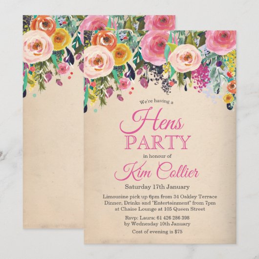 Hens Feest Vintage Bloemen Uitnodiging (Voorkant / Achterkant)