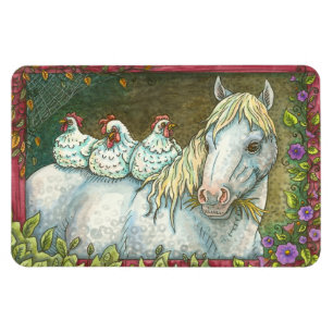 HENS IN DE STABIEL, HORSE EN CHICKEN MAGNET Lg. Magneet