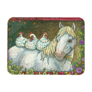 HENS IN DE STABIEL, HORSE EN CHICKEN MAGNET MAGNEET