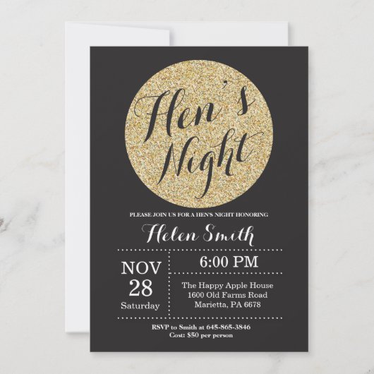 Hens Night Black en Gold Glitter Invitation Kaart (Voorkant)