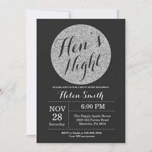 Hens Night Black en Silver Glitter Invitation Kaart (Voorkant)