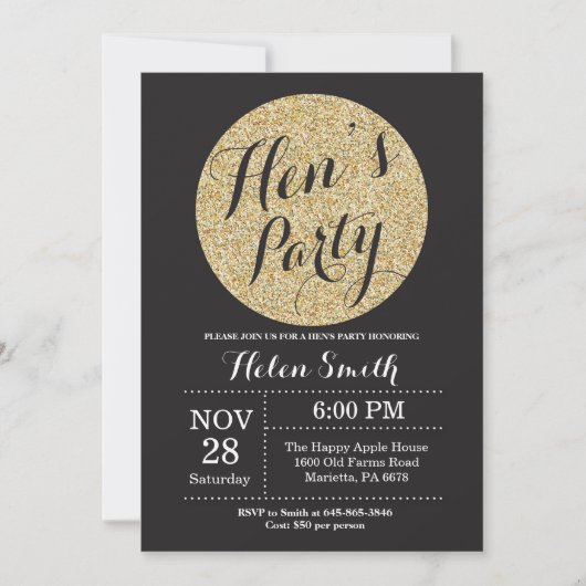 Hens Party Black en Gold Glitter Invitation Card Kaart (Voorkant)