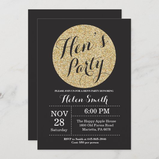 Hens Party Black en Gold Glitter Invitation Card Kaart (Voorkant / Achterkant)