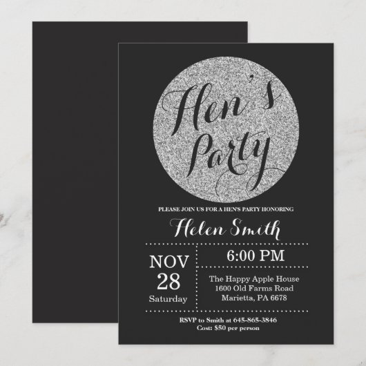 Hens Party Black en Silver Glitter Invitation Kaart (Voorkant / Achterkant)
