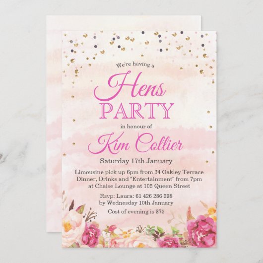 Hens Party Bloemen Waterverf Uitnodiging (Voorkant / Achterkant)