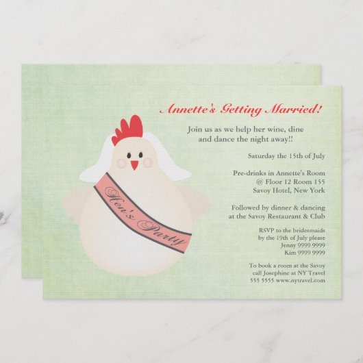 Hen's Party Funny Chicken Illustrated Invite Kaart (Voorkant / Achterkant)