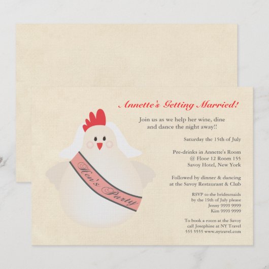 Hen's Party Funny Chicken Illustrated Invite Kaart (Voorkant / Achterkant)