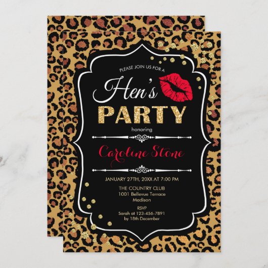Hens Party - Leopard Print Zwart Rood Goud Kaart (Voorkant / Achterkant)