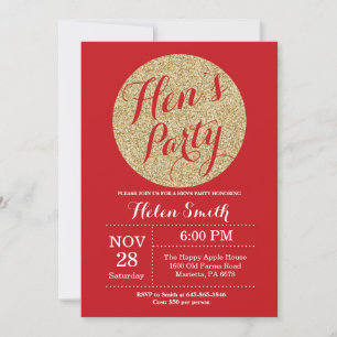 Hens Party Red en Gold Glitter Invitation Card Kaart