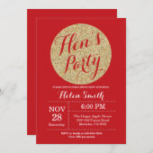 Hens Party Rood en Goud Glitter Uitnodiging Kaart (Voorkant / Achterkant)