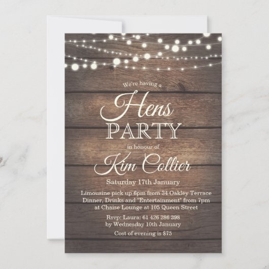 Hens Party Rustieke Houten Lichten Uitnodiging (Voorkant)