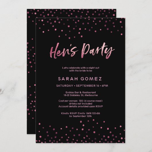 Hen's Party Uitnodiging | Roze glitter folie (Voorkant / Achterkant)