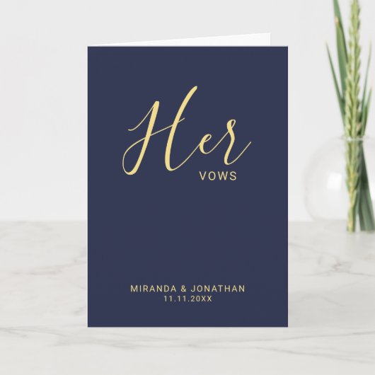 'Her Vows' Navy Blauw en Goud Trouwgeloften Notitiekaartje (Voorkant)