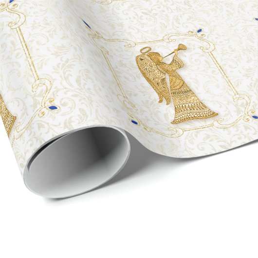 Herald Angels in Gold Hues op witte kerst Cadeaupapier (Rol Hoek)