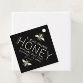 Heraldic Bee Black Honey met Metallic Gold Text Bedankjes Labels (In situ)