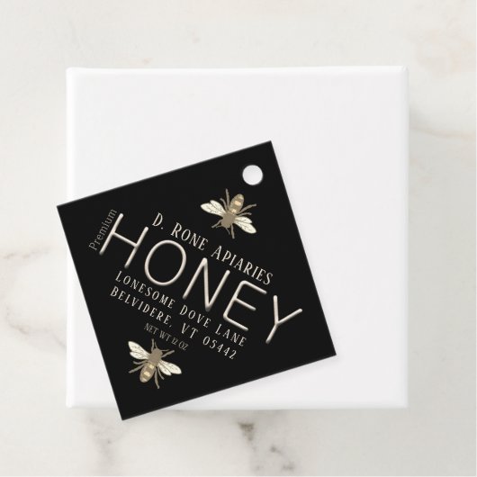 Heraldic Bee Black Honey met Metallic Gold Text Bedankjes Labels (In situ)
