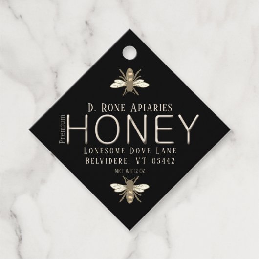 Heraldic Bee Black Honey met Metallic Gold Text Bedankjes Labels (Voorkant)