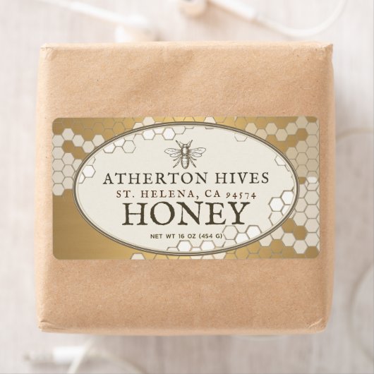 Heraldic Bee Ivory and Gold Rectangle Honey Label (Insitu)