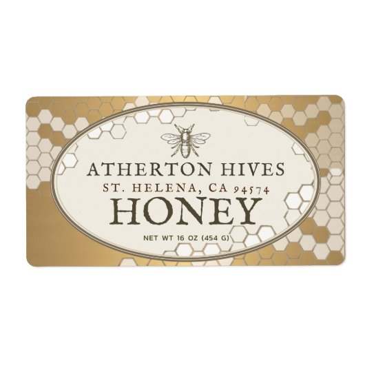 Heraldic Bee Ivory and Gold Rectangle Honey Label (Voorkant)