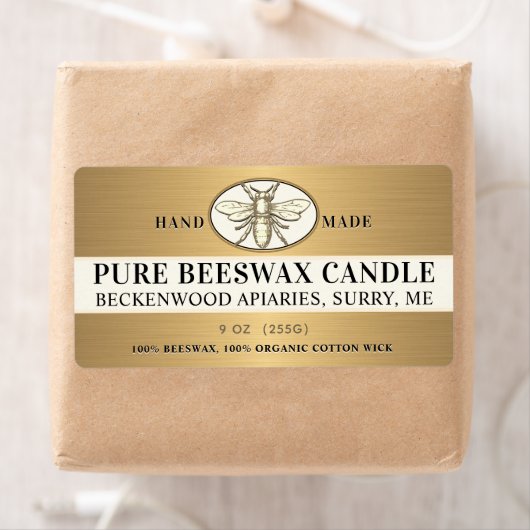 Heraldic Bee Metallic Gold Beeswax Kandle Label (Insitu)