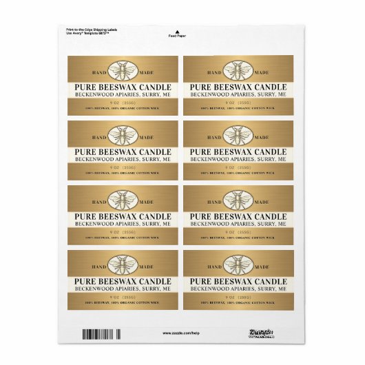 Heraldic Bee Metallic Gold Beeswax Kandle Label (Full Sheet)