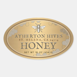 Heraldic Bee Metallic Gold Honey Label Oval