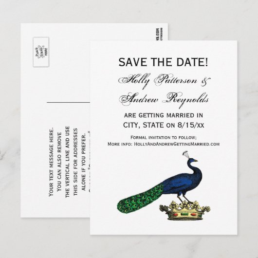Heraldisch antiek gestileerde pauw op kroon C Aankondigingskaart (Voorkant / Achterkant)