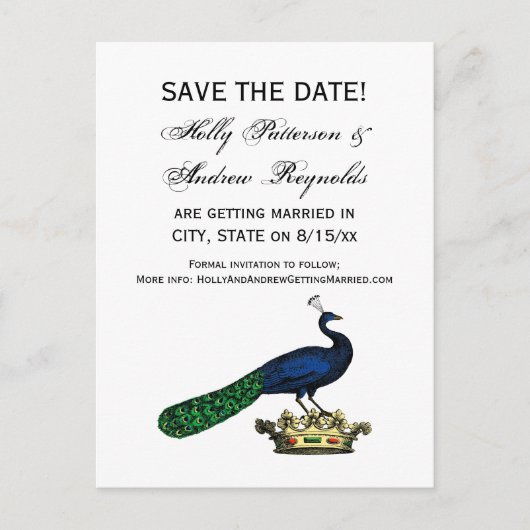 Heraldisch vintage gestileerde pauw op kroon C Aankondigingskaart (Voorkant)