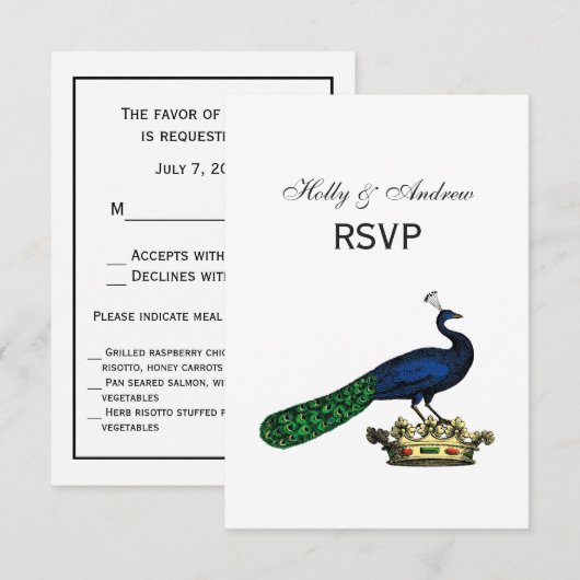 Heraldische gestileerde pacock op kroon C RSVP Kaartje (Voorkant / Achterkant)