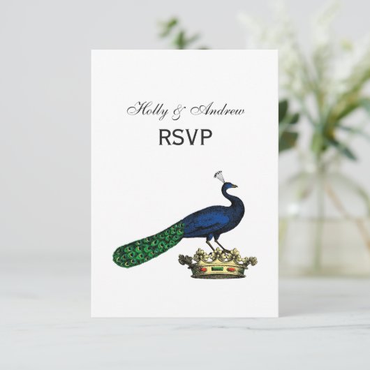 Heraldische  gestileerde pacock op kroon C RSVP Kaartje (Staand voorkant)