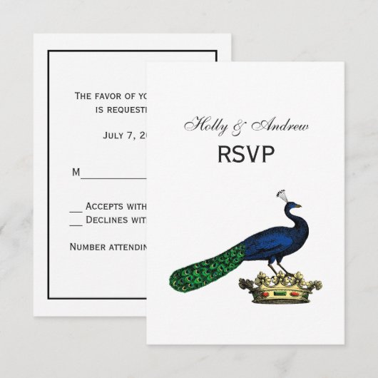 Heraldische  gestileerde pacock op kroon C RSVP Kaartje (Voorkant / Achterkant)