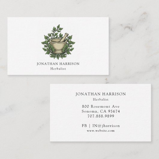 Herbalist Geïllustreerde Mortar Pestle Kruiden Visitekaartje (Voorkant / Achterkant)