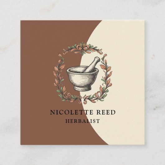 Herbalist Geïllustreerde Mortar Pestle Leafy Vines Vierkante Visitekaartje (Voorkant)