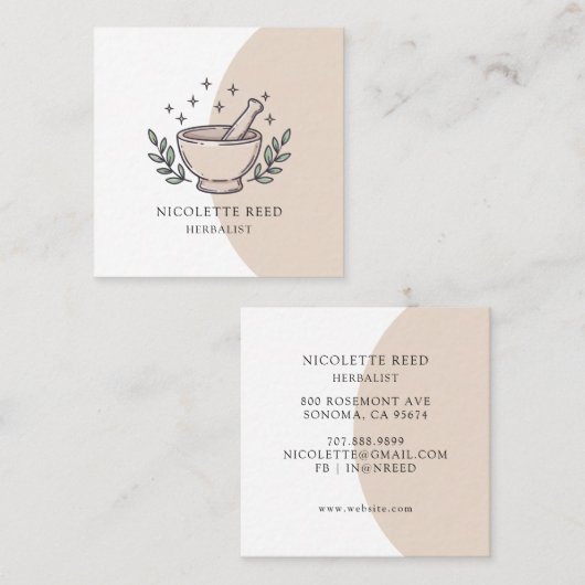 Herbalist geïllustreerde mortierstamper vierkante visitekaartje (Voorkant / Achterkant)