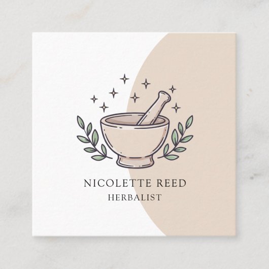 Herbalist geïllustreerde mortierstamper vierkante visitekaartje (Voorkant)