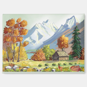 Herberg in de bergen herfstkleuren. Schilderij. Magneet