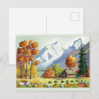Herberg in de bergen in herfstkleuren. Schilderij. Briefkaart