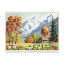 Herberg in de bergen in herfstkleuren. Schilderij.
