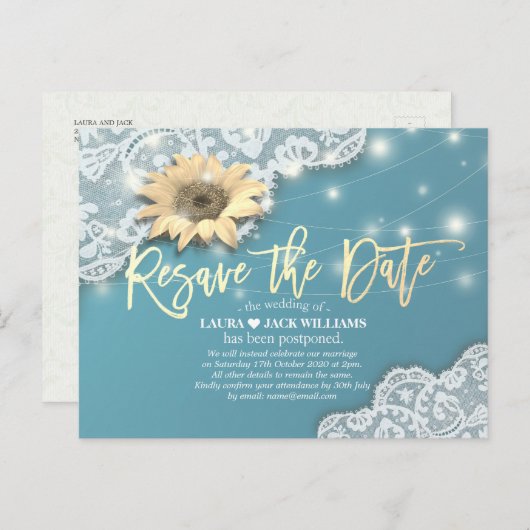 Herbewaar de Date Wedding Postponement Sunflower Aankondigingskaart (Voorkant / Achterkant)