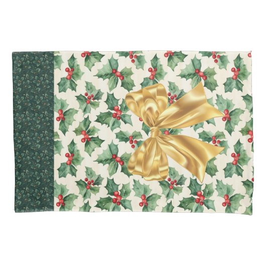 Herbruikbare Kerstcadeau Wrap - Bag Green Holly Kussensloop (Voorkant)