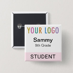 Herbruikbare leerlingnaam Tag Knop School Logo Roz Vierkante Button 5,1 Cm