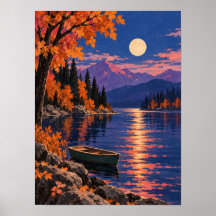 Herbstsee im Mondlicht mit Ruderboot – Wandkunst