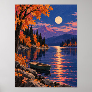 Herbstsee im Mondlicht mit Ruderboot – Wandkunst Poster