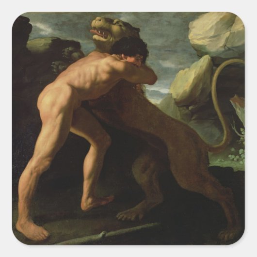 Hercules vecht met de Nemean Lion Vierkante Sticker (Voorkant)