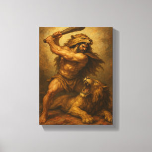 Hercules vecht tegen leeuw met Nemean Pelt Canvas Afdruk
