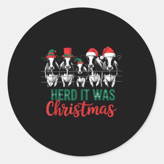 Herd It Was Christmas Cute Festive Cows Xmas Holid Ronde Sticker (Voorkant)